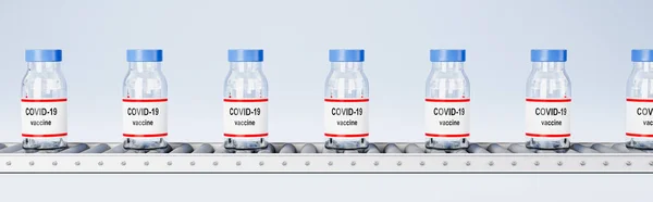 Covid 19 Vaccine Bottles on Conveyor Belt on Light Blue