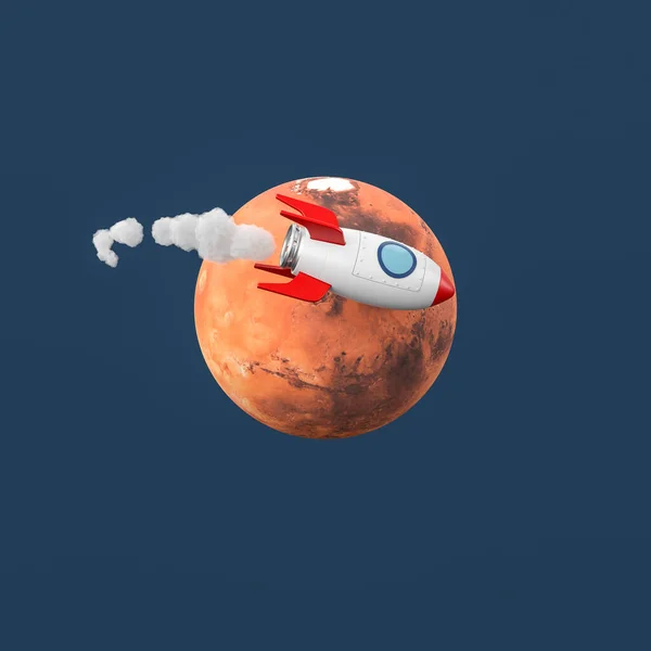 Cartoon Spaceship Flying around Mars on Blue Background — Stockfoto