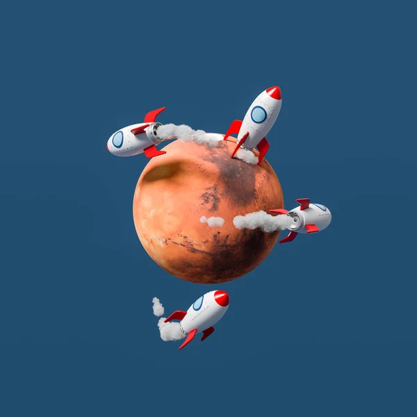 Cartoon Spaceships Flying and Landed on Mars on Blue Background — Stockfoto