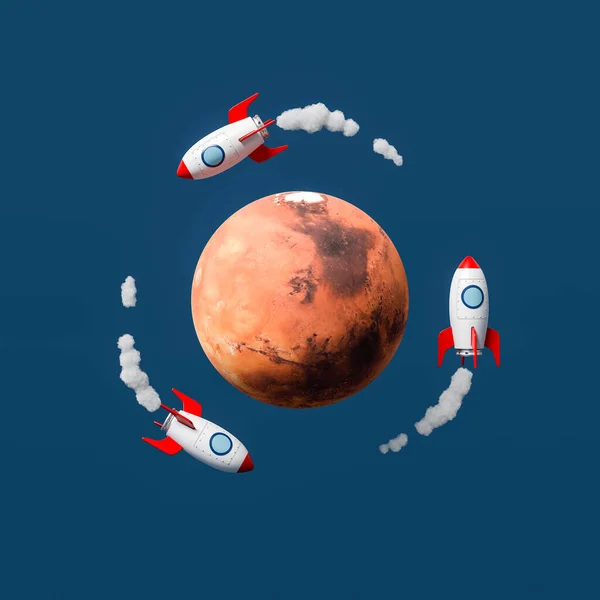 Cartoon Spaceships Flying around Mars on Blue Background — Stockfoto