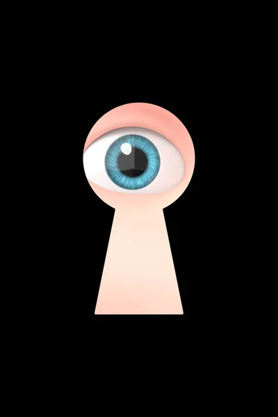 Young Boy Eye Peeking Through a Keyhole . 3D Cartoon Character. — Stock Photo, Image