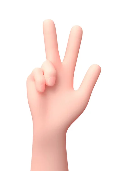 Mão levantada com três dedos. Personagem de desenhos animados 3D. Isolado em branco — Fotografia de Stock