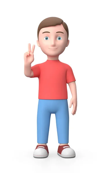 Молодий хлопець показує V знак. 3D мультиплікаційний персонаж. ізольовані на білому — стокове фото