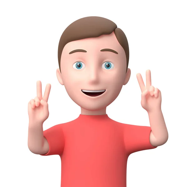 Молодий хлопець показує V знак. 3D мультиплікаційний персонаж. ізольовані на білому — стокове фото