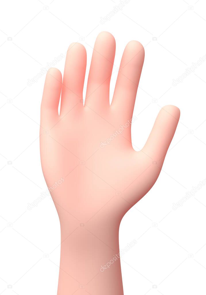 Upraised Hand. 3D Cartoon Character. Isolated on White Background
