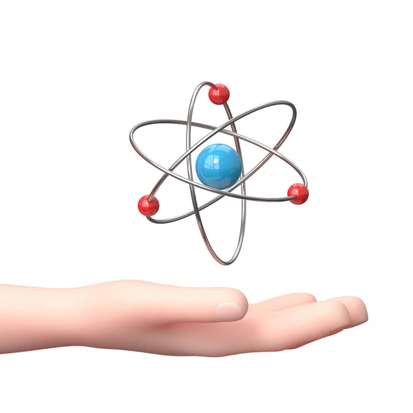 Hand Holding the Atom. 3D Cartoon Character. Isolated on White — Stock Photo, Image