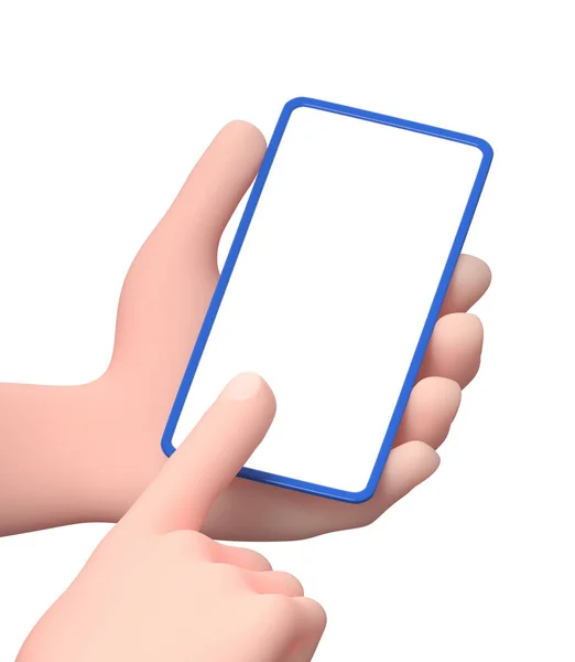 3D Kreskówka Ręce przy użyciu telefonu z białym ekranem — Zdjęcie stockowe