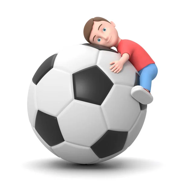 Îmbrăţişează mingea de fotbal. 3D Cartoon Character Illustration — Fotografie, imagine de stoc