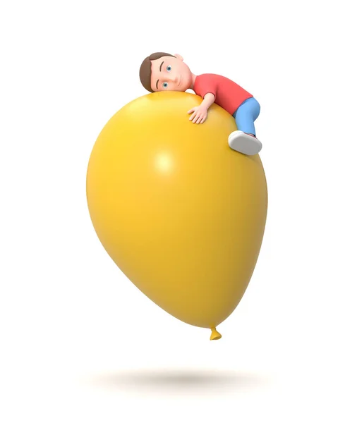 Volando lindo niño pequeño abrazando un globo amarillo Ilustración 3D — Foto de Stock