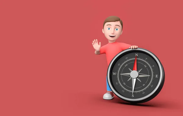 Kid 3D-seriefigur lutar sig mot en metallisk kompass på rött med kopieringsutrymme — Stockfoto