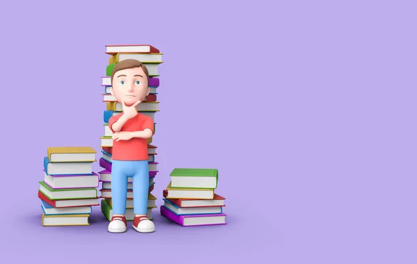 Puzzed Young Kid with Stacks of Books on Purple with Copy Space 3D Illustration — 스톡 사진