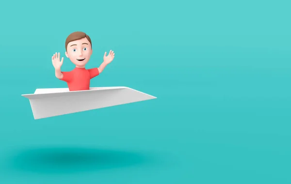 Kid 3D rajzfilm karakter Repül egy papír repülőgép kék fénymásolási hely — Stock Fotó