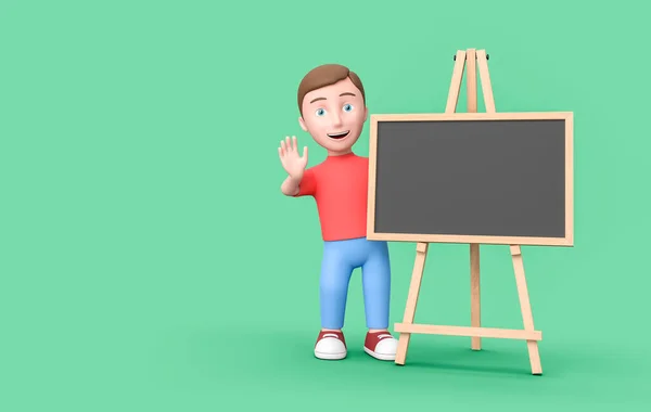 Young Kid 3D Cartoon Character mit leerer Tafel auf Grün mit Kopierraum — Stockfoto