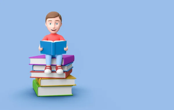 Jeune enfant lisant sur une pile de livres sur bleu avec espace de copie Illustration 3D — Photo