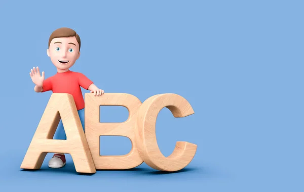 Giovane bambino 3D personaggio dei cartoni animati appoggiato su lettere ABC su blu con spazio copia — Foto Stock