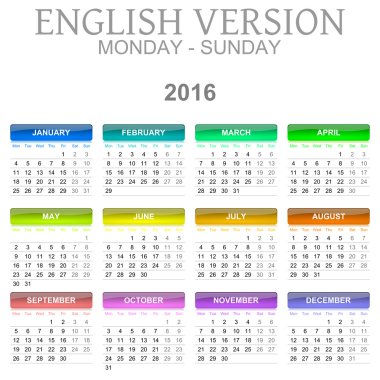 2016 takvim İngilizce dil sürümü Mon - Sun