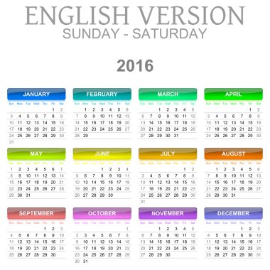 2016 takvim İngilizce dil sürümü Paz - Cts