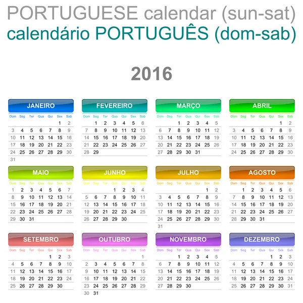 2016 Calendario Versión en portugués Sun - Sat — Foto de Stock