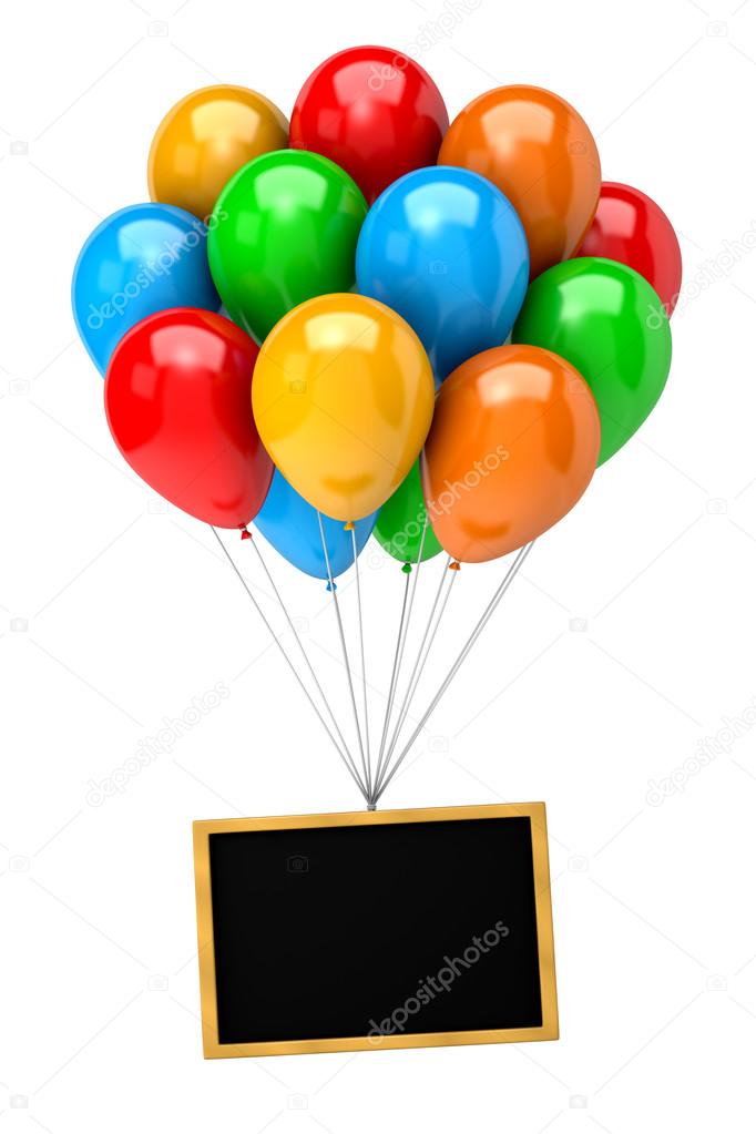 Bunch of Balloons Holding Up a Blank Chalkboard