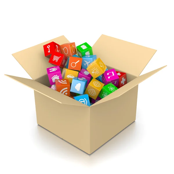 Cardboard Box Filled with App Icons — Stock Photo, Image