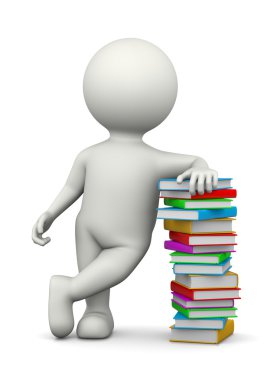 Beyaz 3d karakter eğildi bir yığın kitap