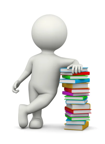 Personagem 3D branco apoiado em um punho de livros — Fotografia de Stock
