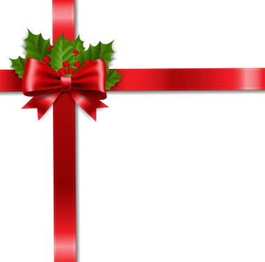 Xmas Ribbon Pruvası ve Holly Berry Beyaz Arkaplan