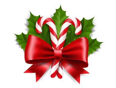 Kırmızı kurdele, Holly Berry Leaf ile beyaz arkaplan