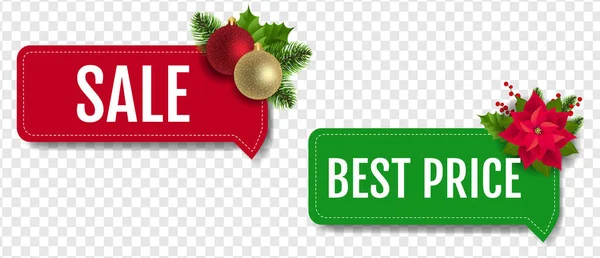 Vánoční prodej etikety Set s vánoční Holly Berry a Poinsettia Průhledné pozadí — Stockový vektor
