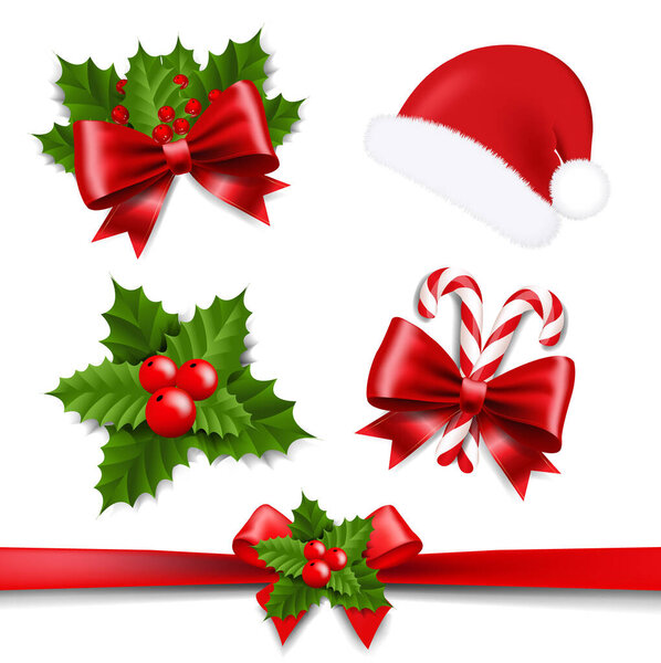 Xmas Ribbon Bow and Holly Berry Set white Background