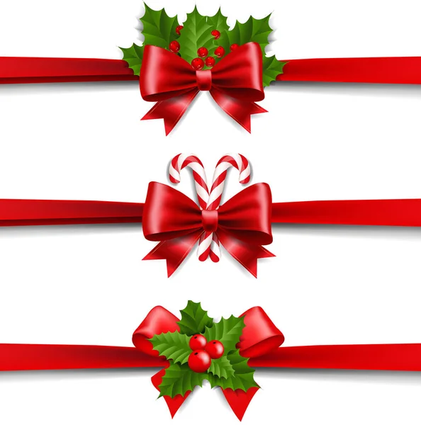 Xmas Ribbons Schleife und Holly Berry Set weißer Hintergrund — Stockvektor