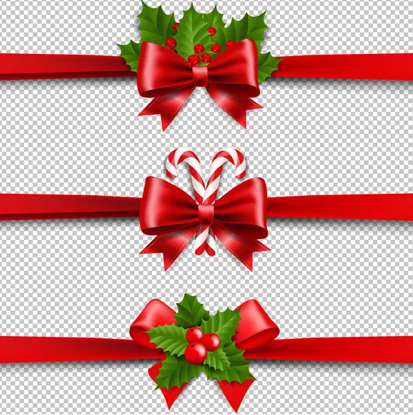 Cintas de Navidad arco y Holly Berry Set fondo transparente — Vector de stock