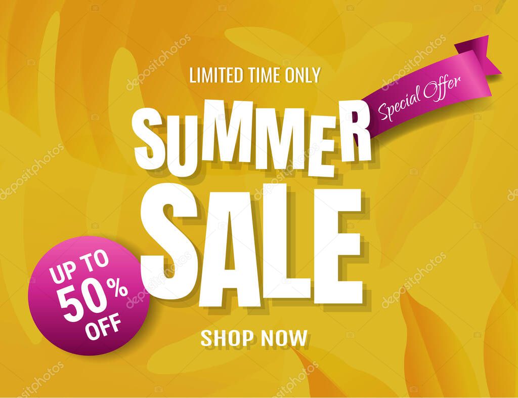 Sale Summer Banner And Tropical Leaves