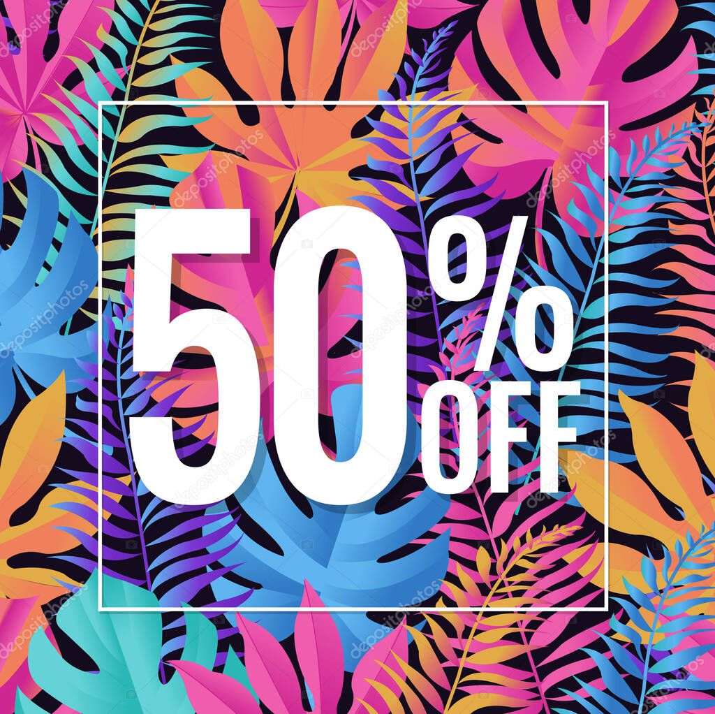 Sale Summer Banner With Tropical Leaves And Text