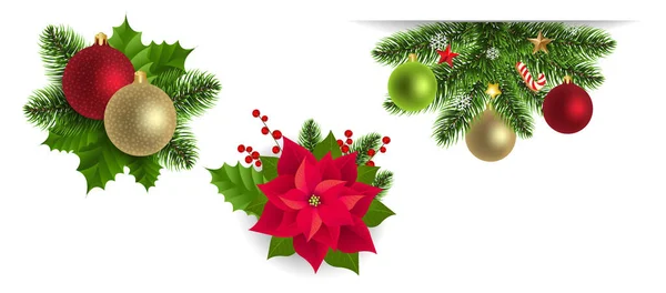 Set de etiquetas de Navidad con Navidad Holly Berry y Poinsettia — Vector de stock