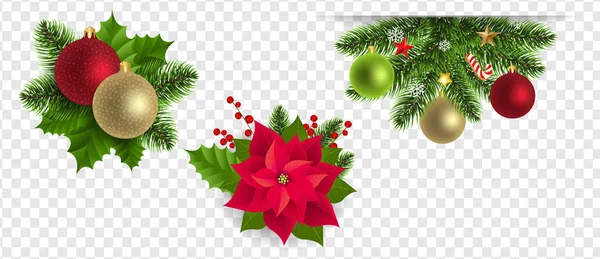 Set de etiquetas de Navidad con Navidad Holly Berry y Poinsettia Fondo transparente — Vector de stock