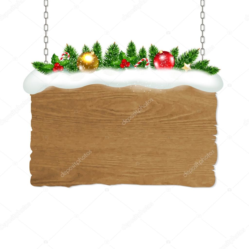 Wooden Sign With Fir Tree And Snow