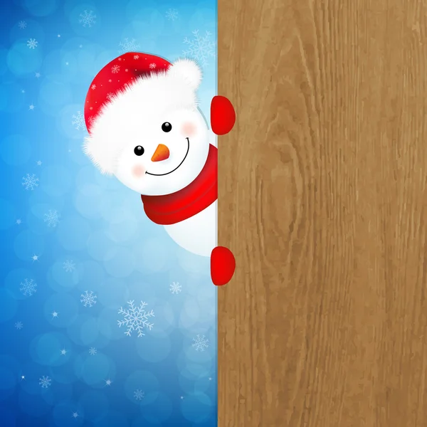 Xmas Snowman With Wood Banner — Stock Vector
