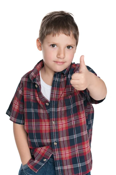 自信的年轻男孩举起了他的拇指 — 图库照片