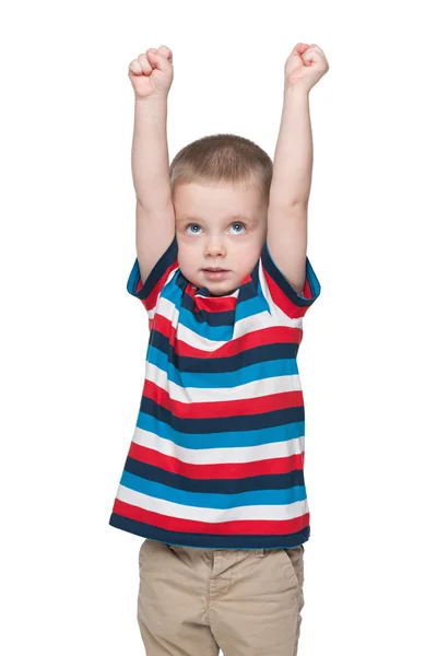 Lindo niño muestra cómo es alto — Foto de Stock