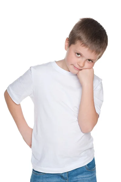 Niño reflexivo en una camisa blanca — Foto de Stock