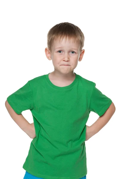 Garotinho sorridente em uma camisa verde — Fotografia de Stock