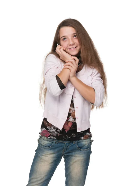 Ragazza adolescente sorridente con un telefono cellulare — Foto Stock