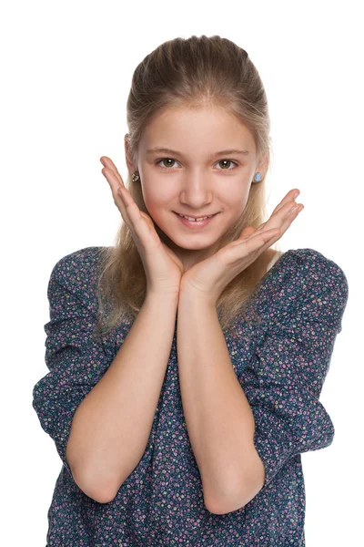 Alegre niña preadolescente contra el blanco — Foto de Stock