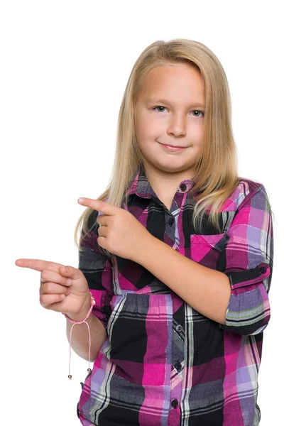Blonde girl shows her fingers to the side — Stock Photo, Image