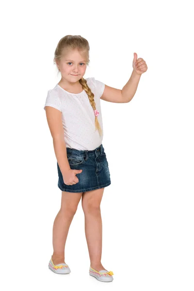 Blonďatá holčička s palcem nahoru — Stock fotografie