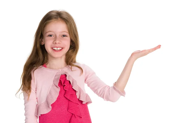 Sonriente jovencita hace un gesto de mano — Foto de Stock