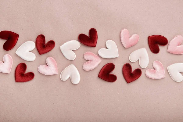 Valentine Day Decorative Pattern Fabric Hearts Craft Paper Flat Lay — Fotografia de Stock