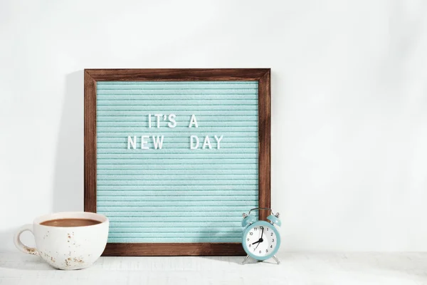 New Day Alarm Clock Cup Hot Coffee Letter Board Motivating — Stock Photo, Image