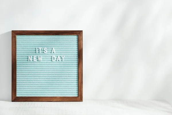 New Day Letter Board Motivating Phrase Stands Table Morning Sunlight — Stock Photo, Image